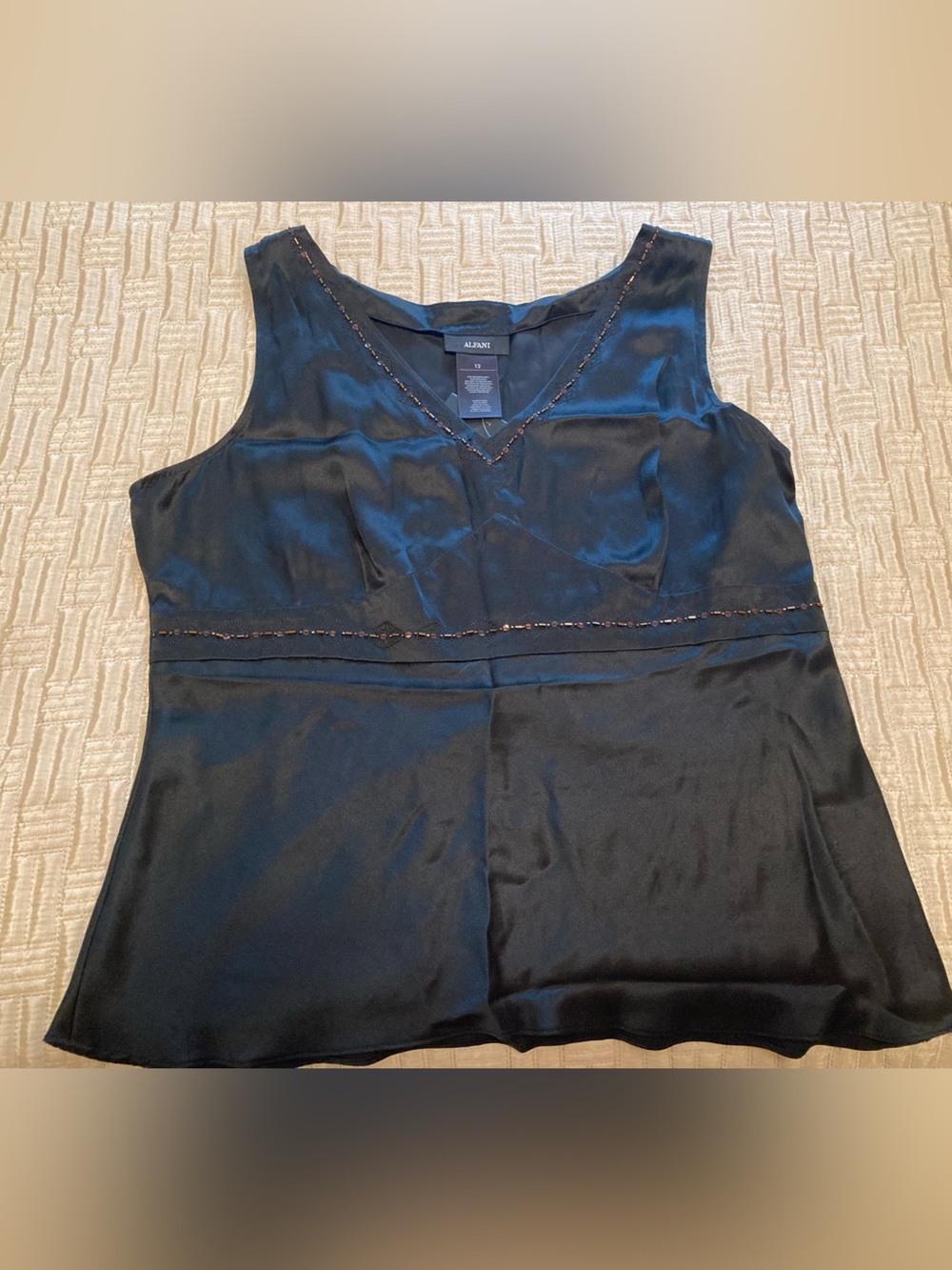 Alfani Black 100% Silk V-Neck Beaded Trim Camisole